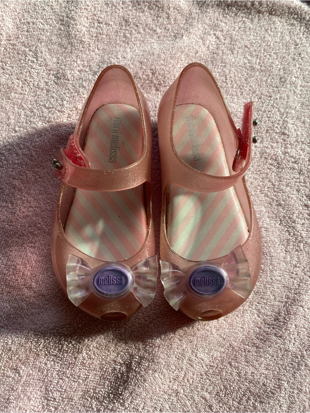 Mini Melissa Pink Glitter Jelly Mary Janes with Clear Bow Accent